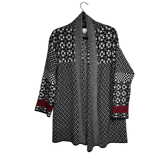 Kamana Geometric Aztec Open Cardigan Sweater Black White Red Long Sleeve Size L - Picture 1 of 11